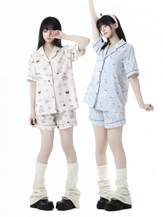 Puppy Print Pajamas Set Blue/Creamy Allover Cute Yellow Light