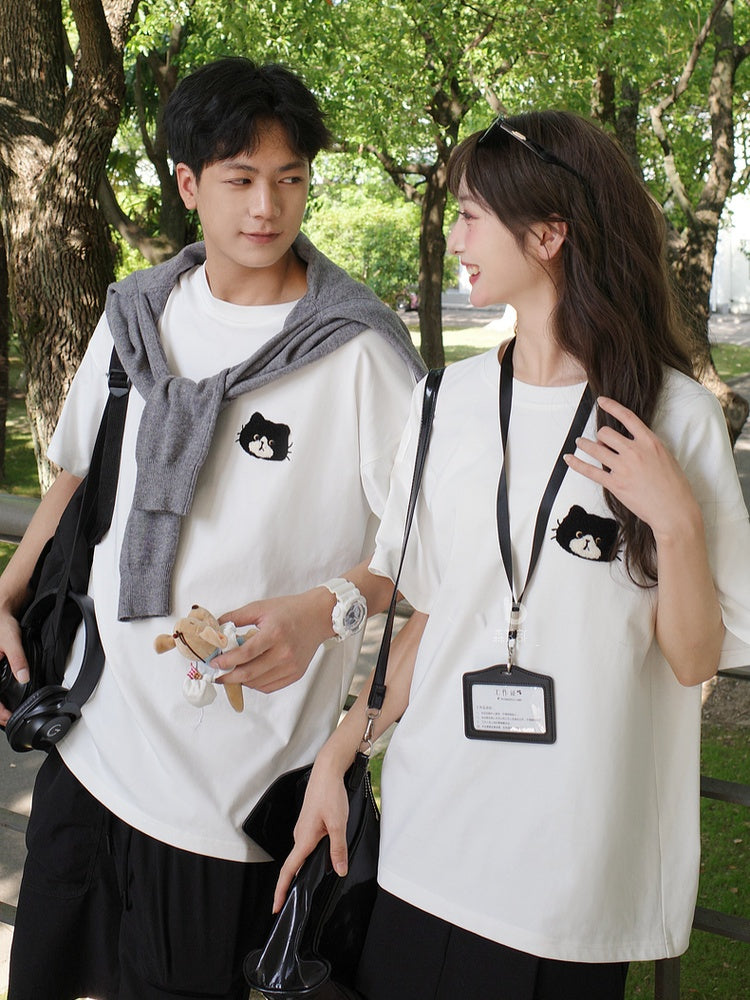 Applique Loose White Round Neck Kitty Embroidery T-Shirt