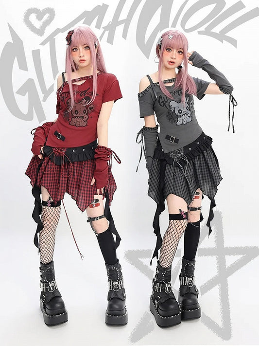 Free Y2K T-Shirt with Asymmetrical Neckline Bunny Print Red/Black Armwear