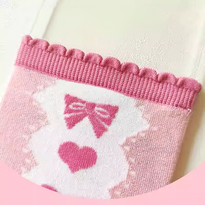 Pink Bow and Heart Pattern Ruffled Cuff Ankle Socks