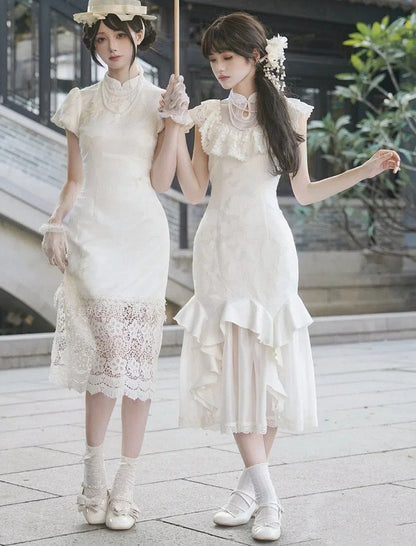 Ruffle Mermaid Butterfly Jacquard Trim Dress Qi Qipao Lolita Cascading Collar