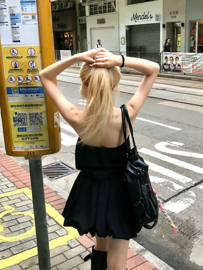 Skirt Self-Tie Strap Neckline Glamorous Strapless Dress Black Bubble