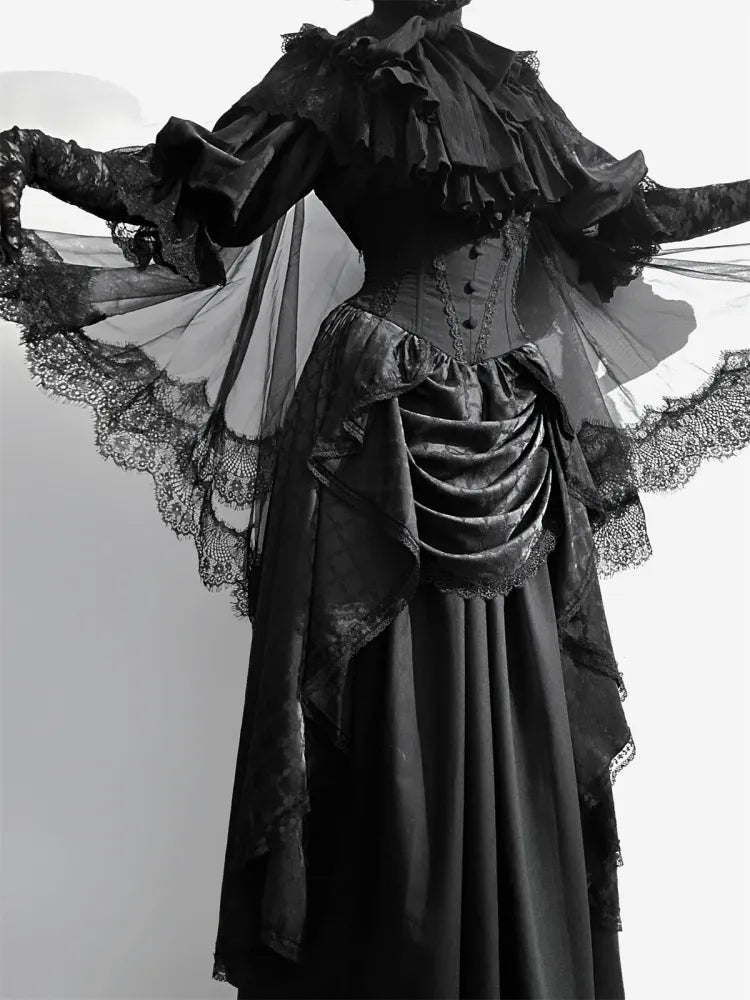 Schwarzer Korsett-Taillenrock mit Knochen und hoher Taille, Aristokratischer Gothic-Lolita-Rock