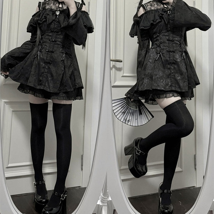 Cheongsam + Illusion Jirai Neckline Mini Dress Bow Tie Kei Shorts Set- Black Style + Bell Sleeves