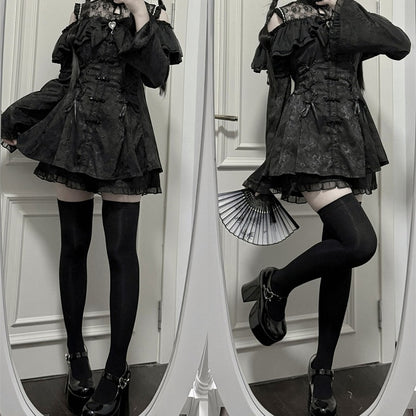 Cheongsam + Illusion Jirai Neckline Mini Dress Bow Tie Kei Shorts Set- Black Style + Bell Sleeves