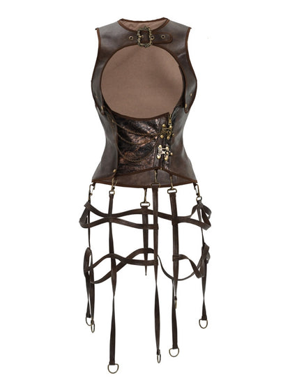 Brown Leather Vintage Steampunk Waistcoat Birdcage