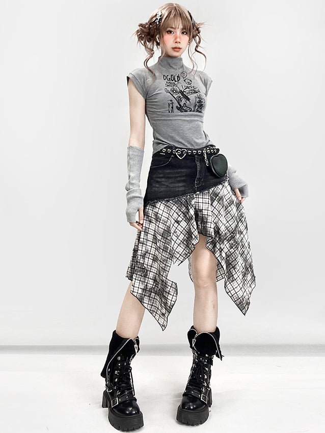 Plaid Handkerchief BlackWhite Y2K Pattern Skirt Hem