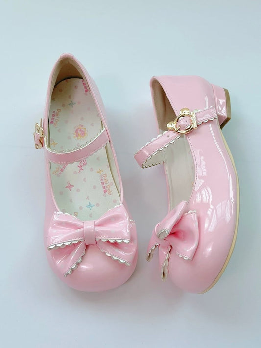 Bear Pink Playful Top Mary Closure Toe Dot Design - Round with Janes and Low-heel Bow Lolita Pattern Sweet