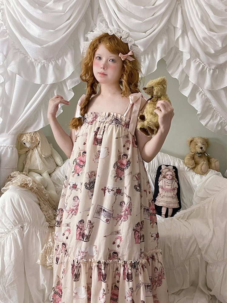 Angel Print Flounce Hem Pajama Dress