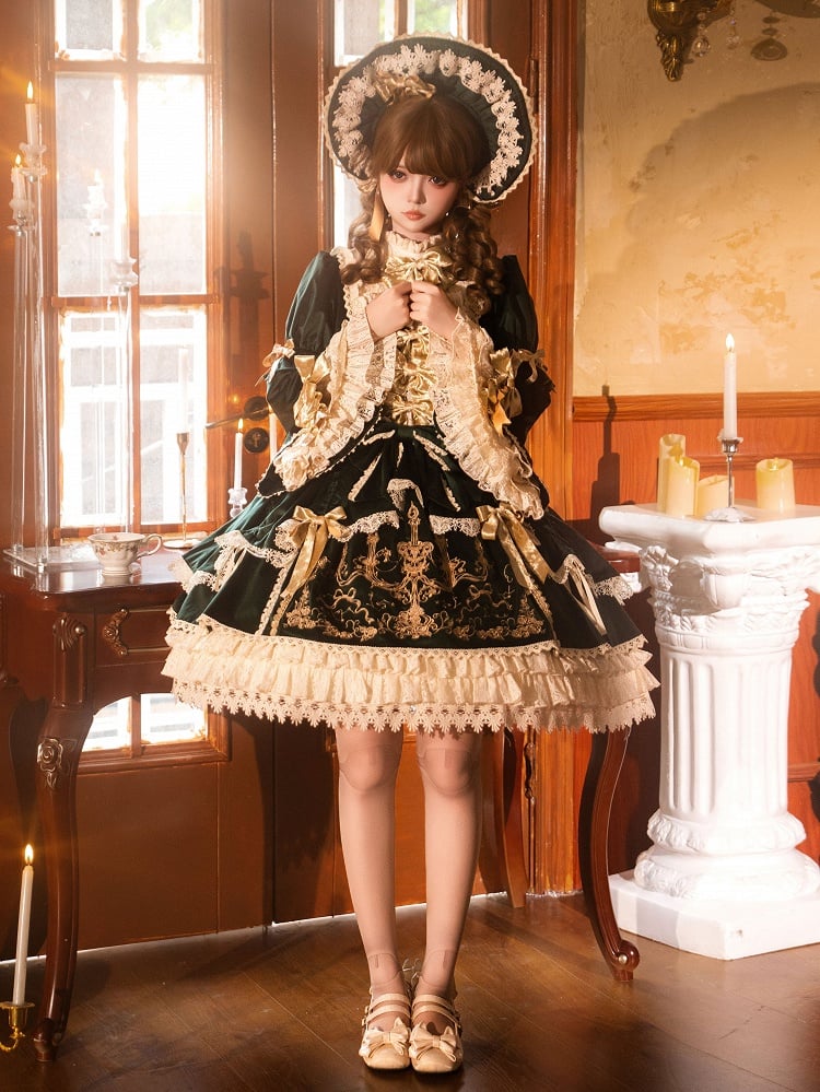 Candlestick and Embroidery Bell Dress Sleeves Green Candle Velvet