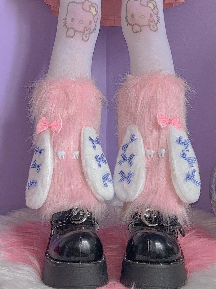 Pink/Blue Rabbit Ears Design Y2K Shaggy Leg Warmers