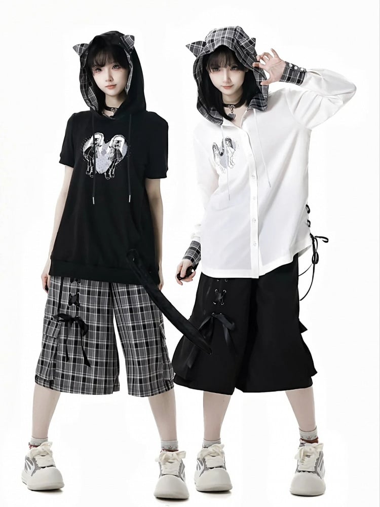Wide-Leg Shorts with Lace-up Detail Waist Black/Plaid Elastic