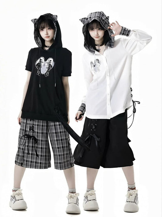 Wide-Leg Shorts with Lace-up Detail Waist Black/Plaid Elastic