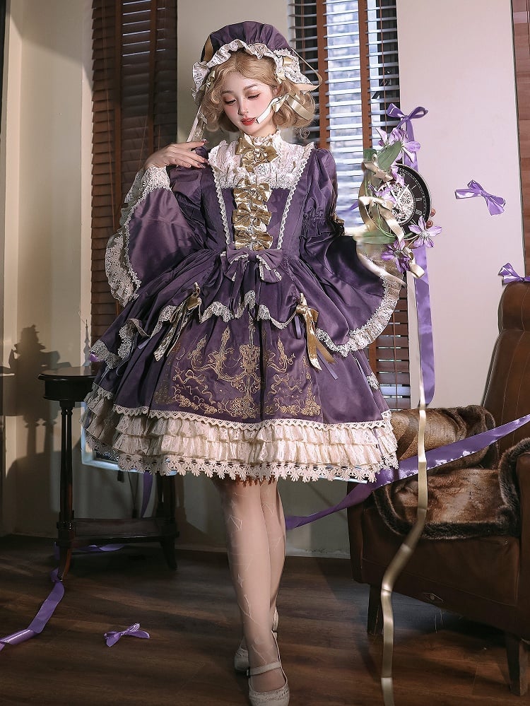 Bell Sleeves Velvet Candlestick Purple Embroidery and Candle