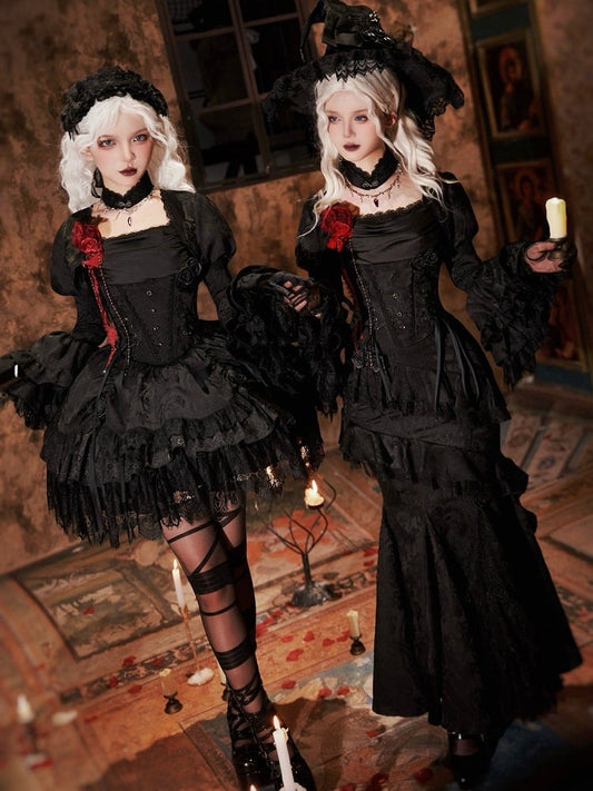 Black Gothic Lolita Layered Ruffle Bell Cuffs Long Sleeves Bolero