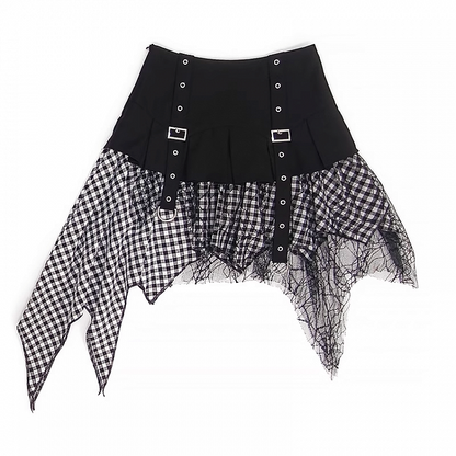 Handkerchief Hem Mesh Patchwork Y2K Black Blue/ White Plaid Skirt Black
