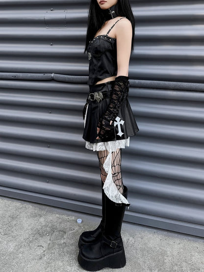 Punk Rock Black Cross Appliques PU Patchwork Box Pleat Skirt