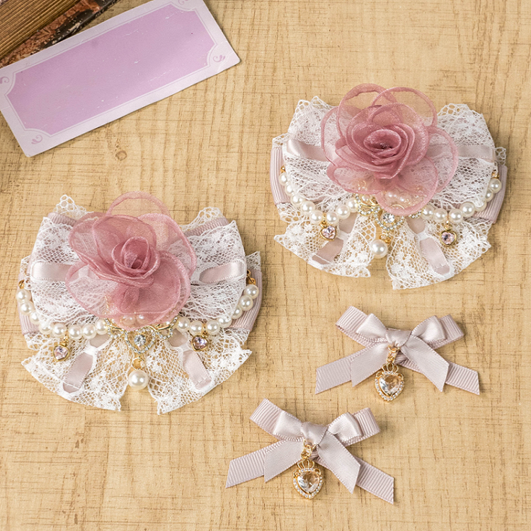 Jirai Kei Pink/Apricot/Black Lace Rose Beaded Chain Lolita Hairclip