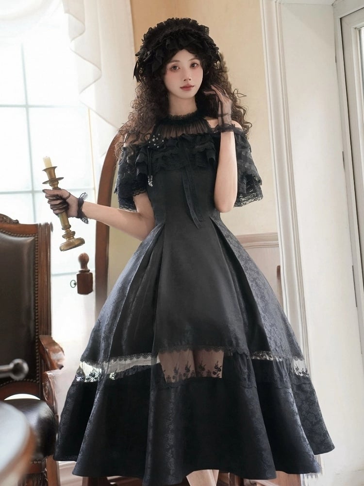 Neck Fabric Jacquard Halter Dress Full Rosette Black Set Illusion Elegant