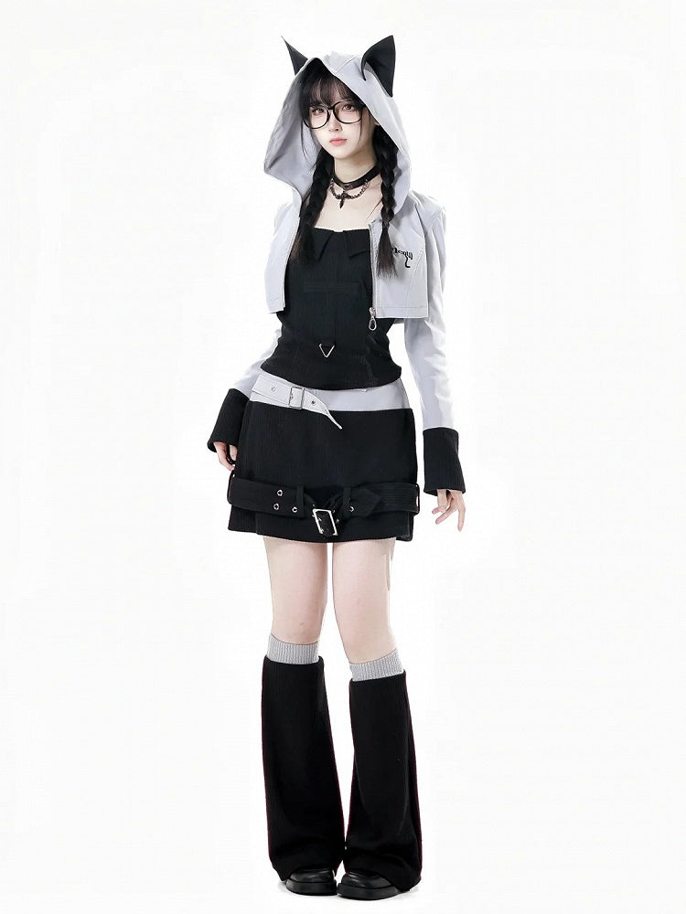 Wolf Ears Gray Zip Hood Closure Design Cropped Jacket