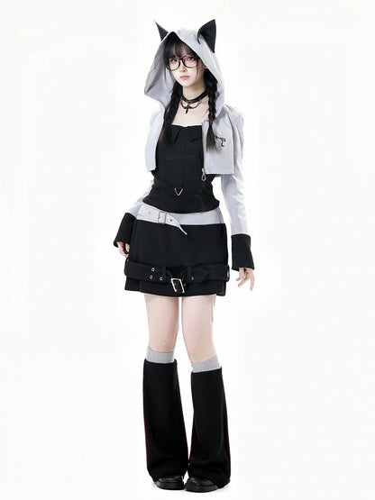 Wolf Ears Gray Zip Hood Closure Design Cropped Jacket