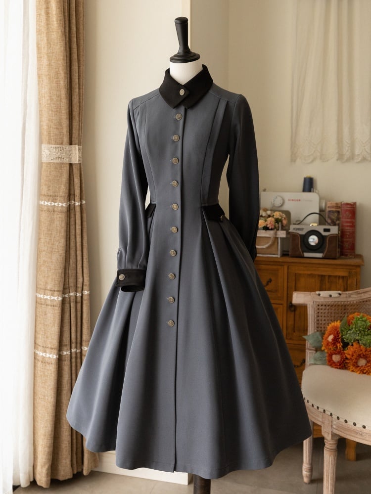 Dark Gray Autumn and Winter Classic One Piece Front Button Placket