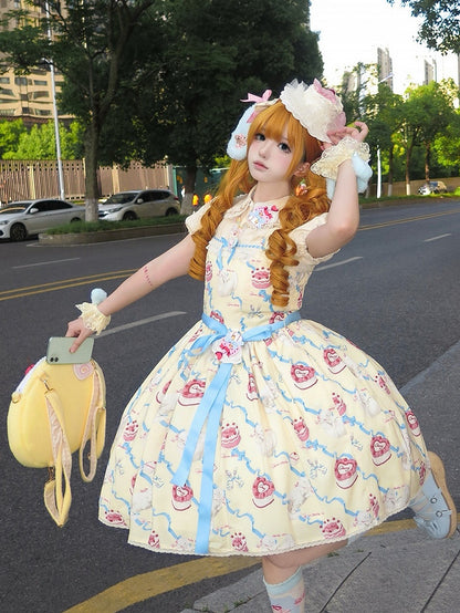 Cute Lolita Dress Sweet Showa Jumper Yellow Kitty Cream Print Skirt Fluffy