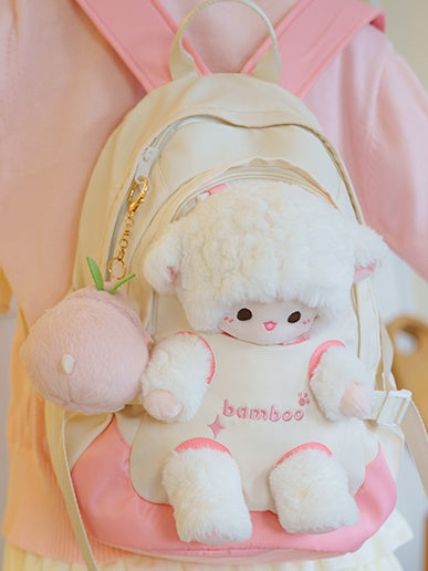 White And Pink Plush Backpack With Detachable Lamb Plushie