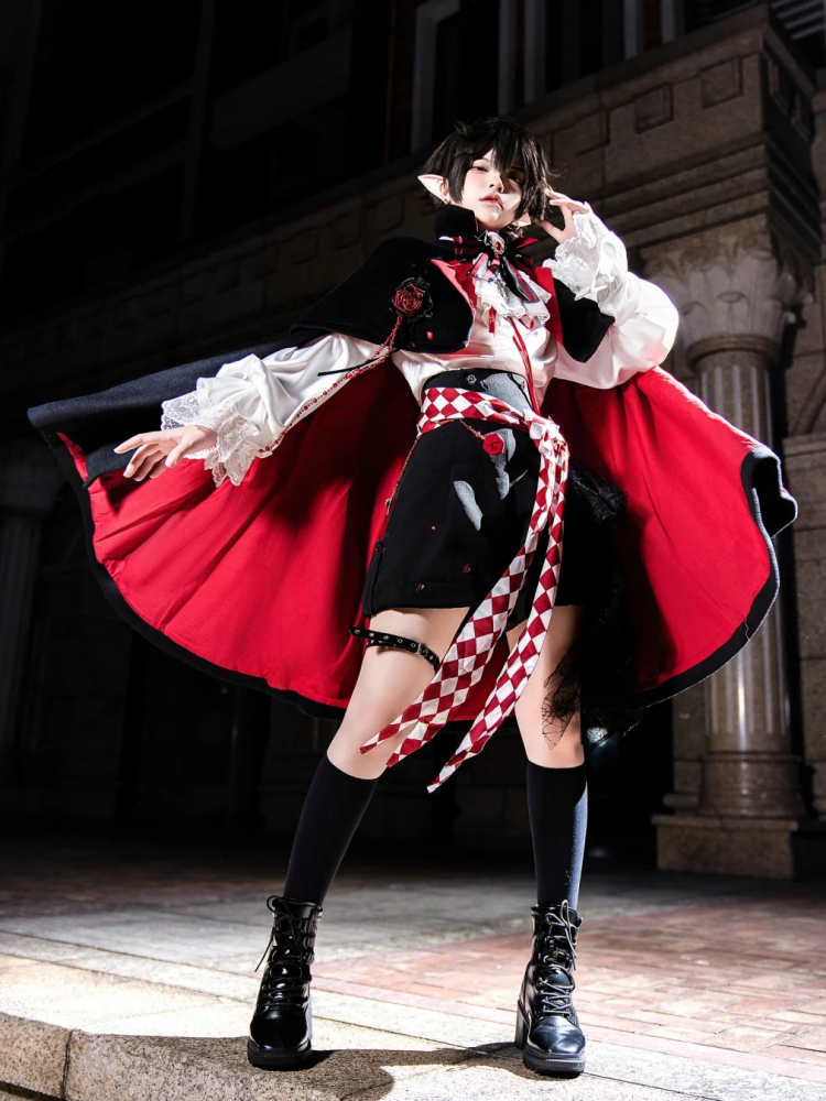 Black and Red Vampire Ouji Lolita Dracula Outfit Shirt + Shorts + Cloak Gothic Lolita Full Set