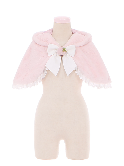 Cape à capuche en peluche avec oreilles de lapin roses et nœud en forme de fraise