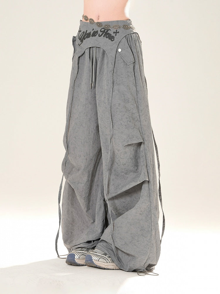 Accessory Pink/Gray Drawstring Wide-Leg Pants with Waist