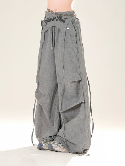 Accessory Pink/Gray Drawstring Wide-Leg Pants with Waist
