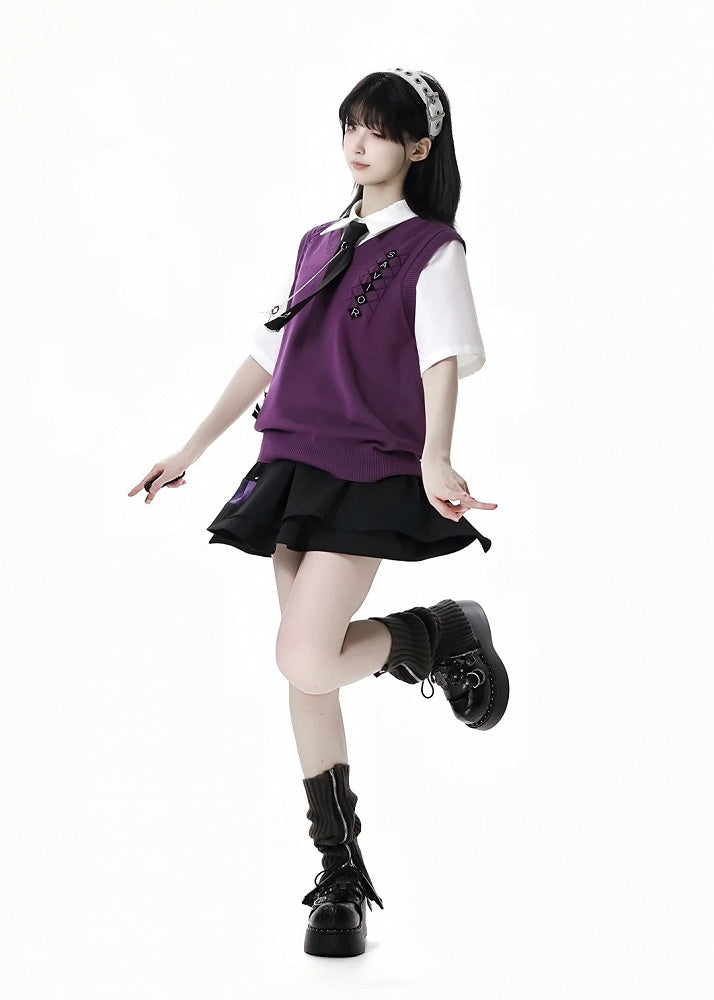 White Criss-Cross Strap Cross Short Sleeves Shirt with Charm Free Tie