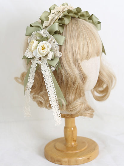 Perle mit Schleife Grün Beige Charm Haarspange Floral Lolita Country Lace