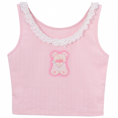 Neckline Pink Teddy Bear Print Lace Trim Sweet Tank Top