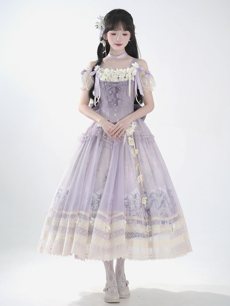 Classic Long Skirt Lolita Decoration + Jasmine Top Print Set Purple Corset Floral