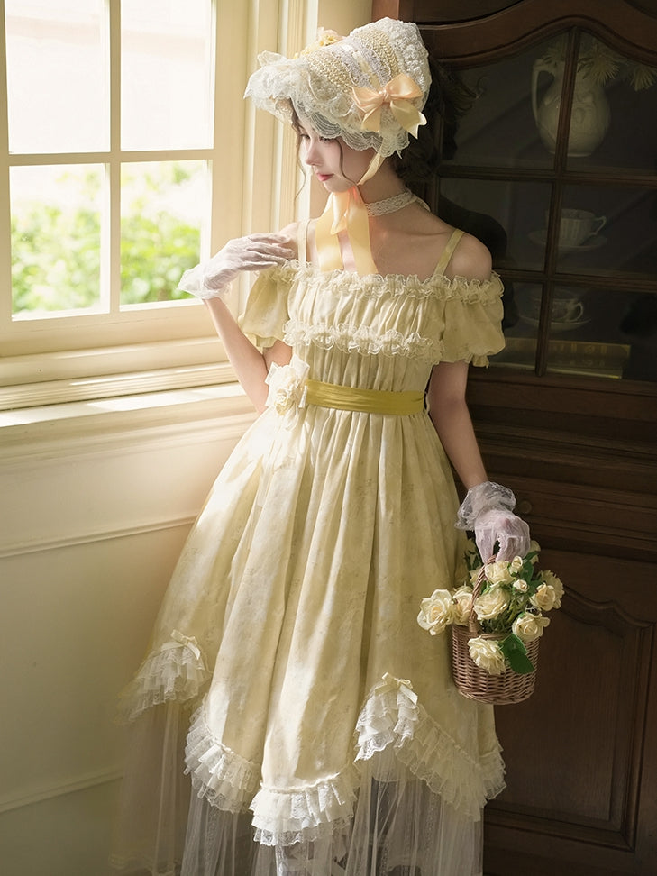 Light Panels Waist Hem Dress Mesh Yellow Scalloped Edge High