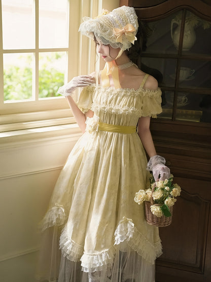 Yellow Edge Mesh Scalloped Waist OP Set Dress Hem Panels Full Lolita Light High