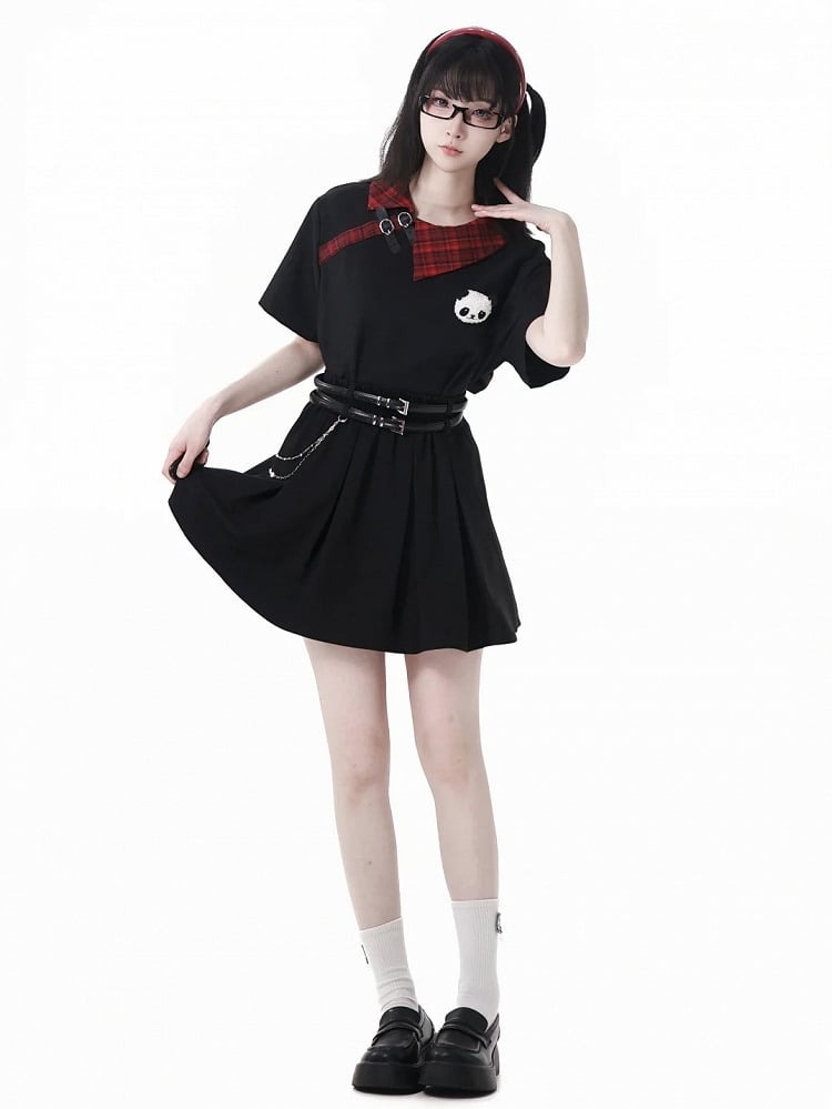T-Shirt with Panda Straps Plushie Red Plaid Collar Black Buckle