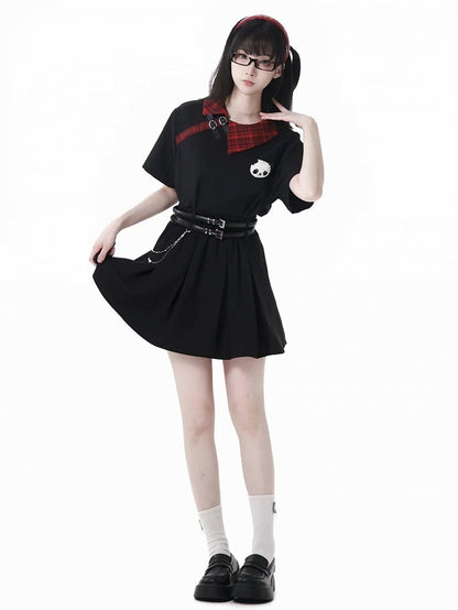 T-Shirt with Panda Straps Plushie Red Plaid Collar Black Buckle