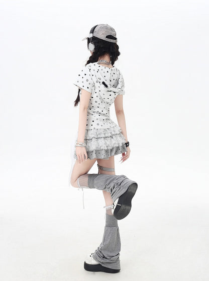 White/Black Y2K Star and Heart Print Zip-up Off Kitty Ears Hood Allover Jacket