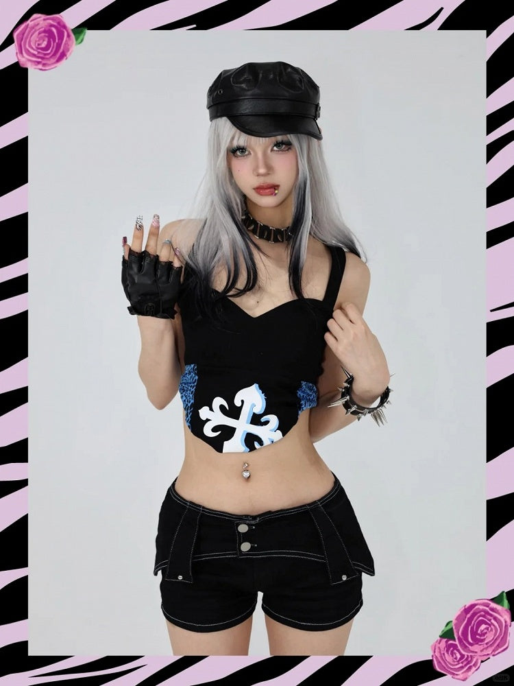 Haut sans bretelles noir glamour à patchs léopard bleus Gyaru des années 2000
