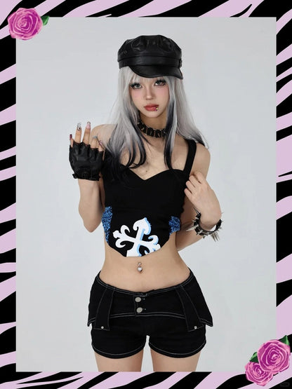 Haut sans bretelles noir glamour à patchs léopard bleus Gyaru des années 2000