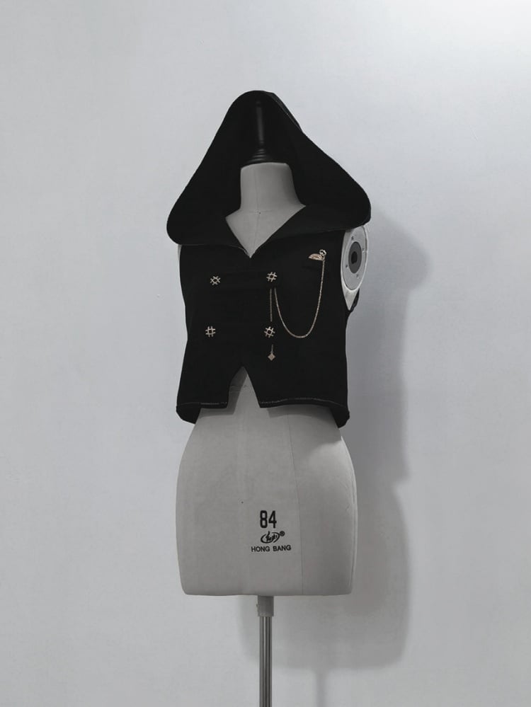 Black Oversized Bunny Ears Hooded Ouji Waistcoat