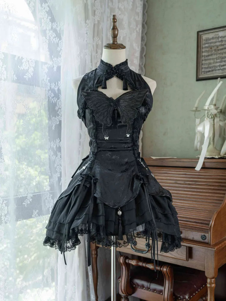 Sleeves Black Butterfly Qi with Theme Lolita Collar Banded Qipao Dress