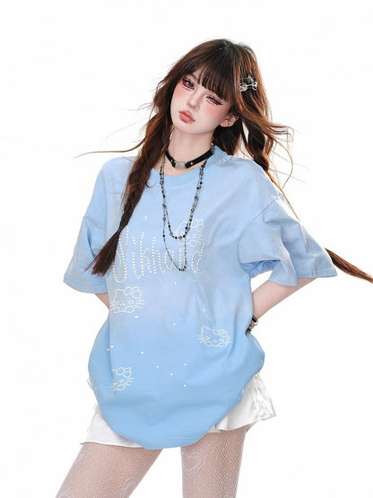Blue/Rose Red Round Neck Kitty Rhinestone Loose T-Shirt