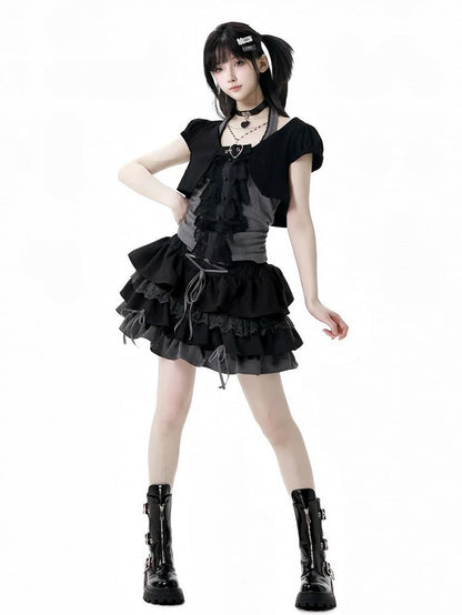 Skirt Cropped Top+Halter Neck Top+Tiered Sleeves Y2K Black and Gray Three Pieces Set - Short