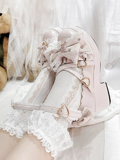 Bow Heart High Jirai Pink Shoes Buckles Block Design Top Heels Crisscross at Platform Kei