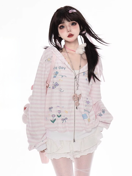 Pink Striped Hooded Jacket Closure Zip Pattern Y2K Autumn Print for