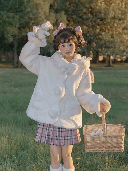 White Cute Lamb Ears Hooded Winter Cozy Plush Coat